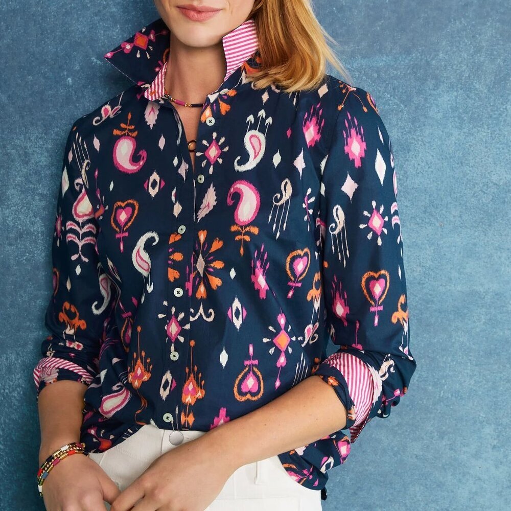 Talbots Women's Shirt Blouse Size SP Petite Cotton Blue Multicolor Ikat Paisley